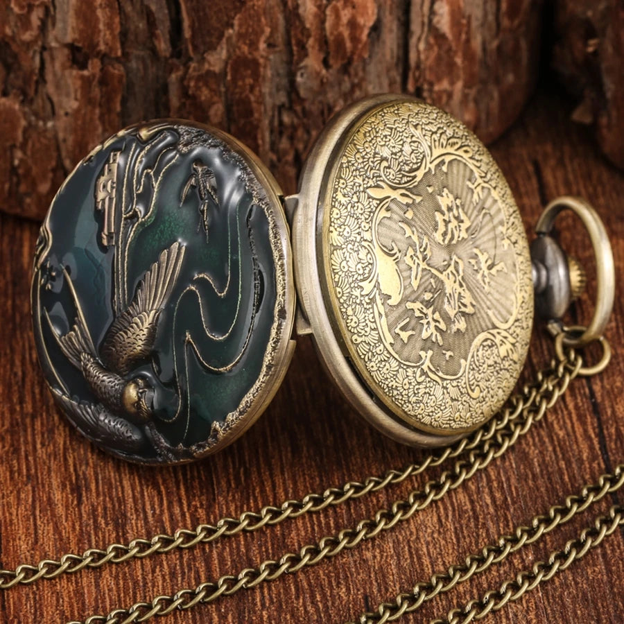Relógio de bolso de quartzo de bronze guindaste/alce/elefante animal relógio de bolso redondo dial bolso colar pingente camisola corrente relógio de bolso para homens