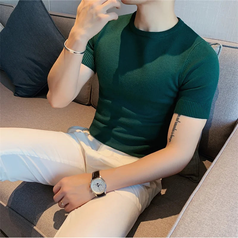 Top de verão masculino fino ajuste camiseta 2021 malha manga curta cor sólida camisola pulôver t camisa magro malha camisetas topo homme