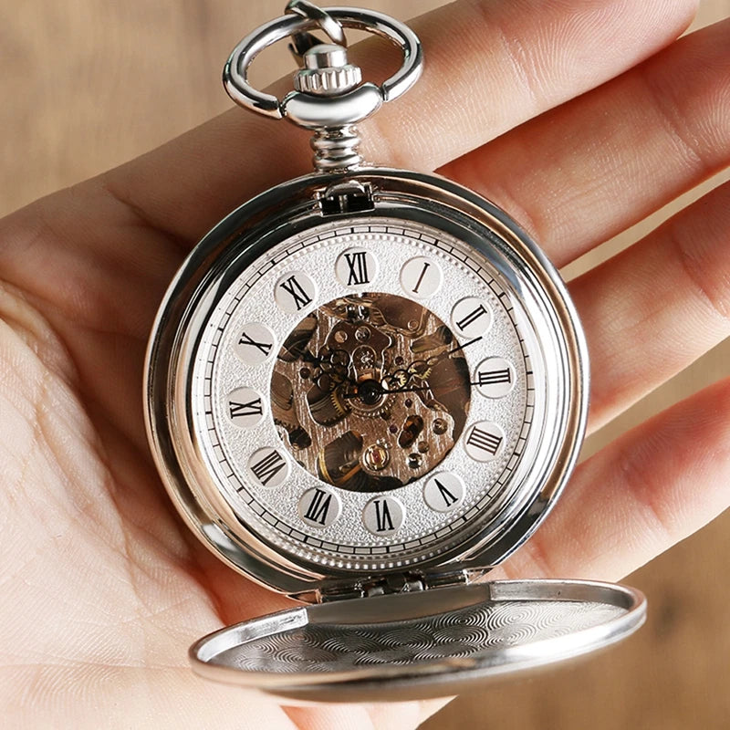 Top luxo suave numerais romanos relógio de bolso mecânico do vintage steampunk mão enrolamento relógio masculino fob com corrente gancho