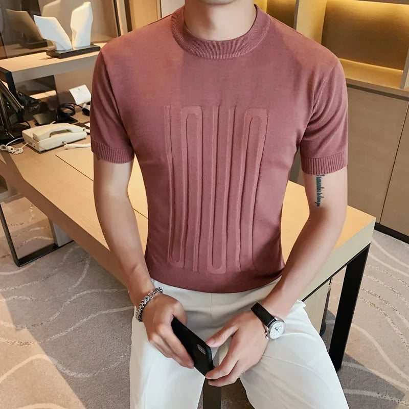 Camiseta de malha de manga curta masculina, listra com decote em O, camiseta justa, monocromática de alta qualidade, roupas masculinas, estilo britânico, moda verão, 6 cores
