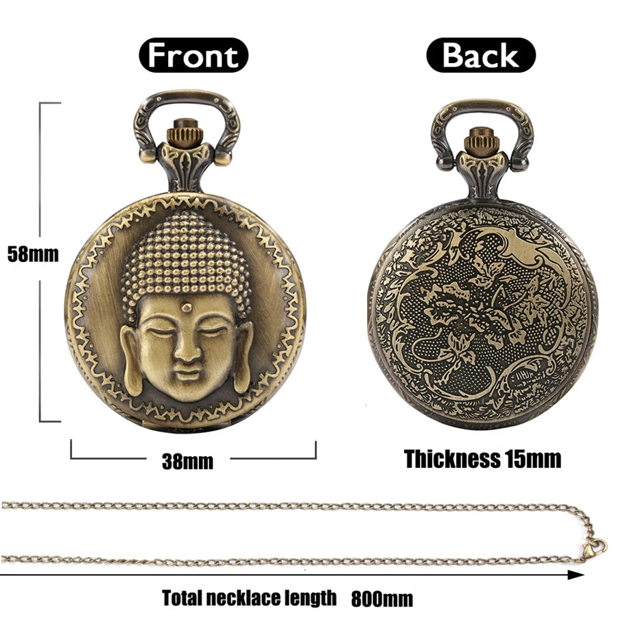 Relógio de bolso de quartzo com cabeça de Buda, aroma tibetano, templo budista, corrente religiosa, colar vintage, presente para homens e mulheres