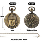 Relógio de bolso de quartzo com cabeça de Buda, aroma tibetano, templo budista, corrente religiosa, colar vintage, presente para homens e mulheres