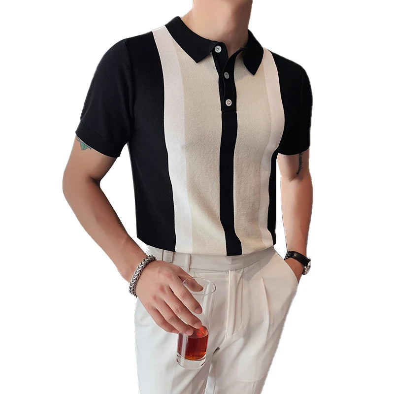 Estilo britânico verão moda cor combinando manga curta camisa polo dos homens de alta qualidade malha magro ajuste lapela botão t camisa superior