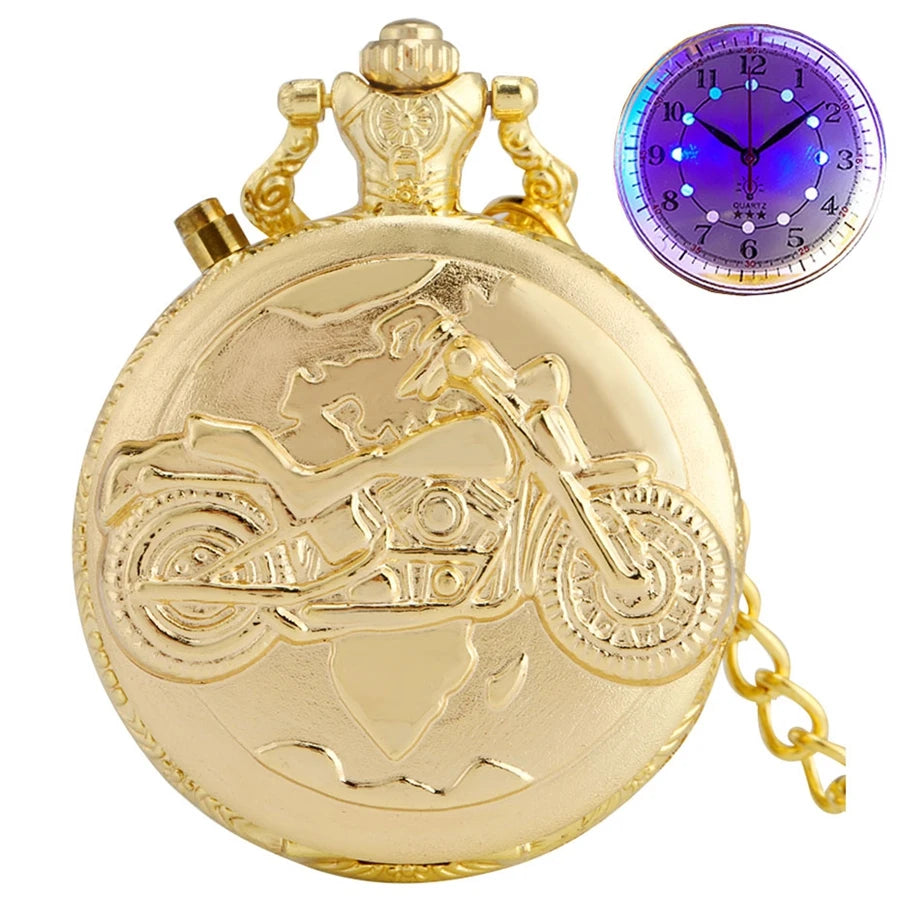 Prata motocicleta luminosa led flash moto design moda relógio de bolso de quartzo esculpida corrente relógio fob presente para homens