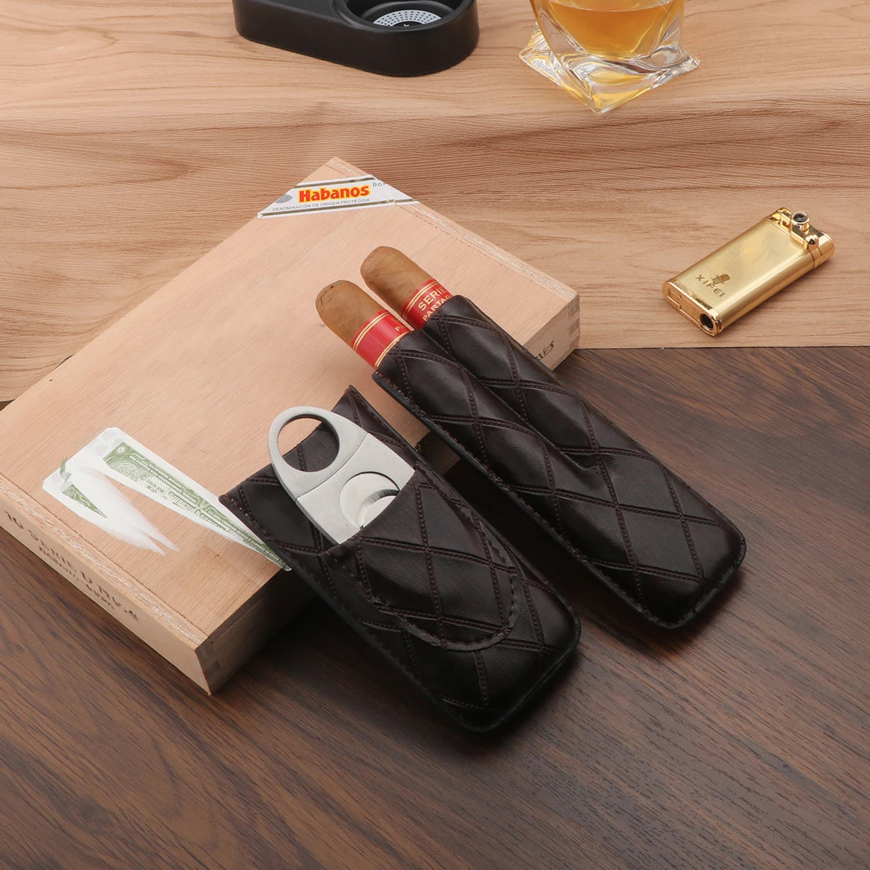 Xifei pu 2 slots conjunto de caixa de charuto portátil humidor caixa com cortador de aço inoxidável viagem fumar acessórios de armazenamento de cigarro