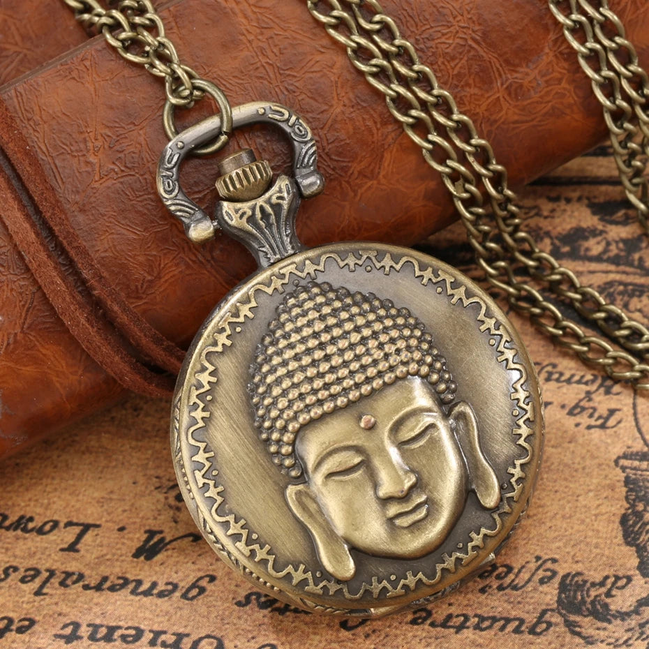 Relógio de bolso de quartzo com cabeça de Buda, aroma tibetano, templo budista, corrente religiosa, colar vintage, presente para homens e mulheres