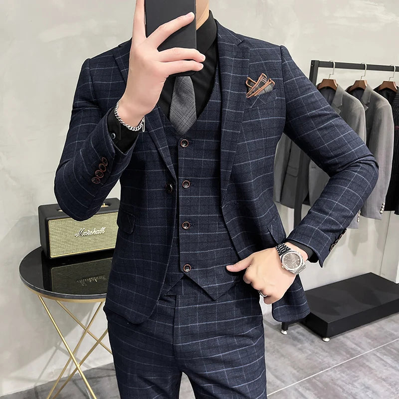 (Jaquetas + calças + colete) luxo masculino noivo casamento smoking moda xadrez ternos de negócios de alta qualidade casual terno de negócios três peças
