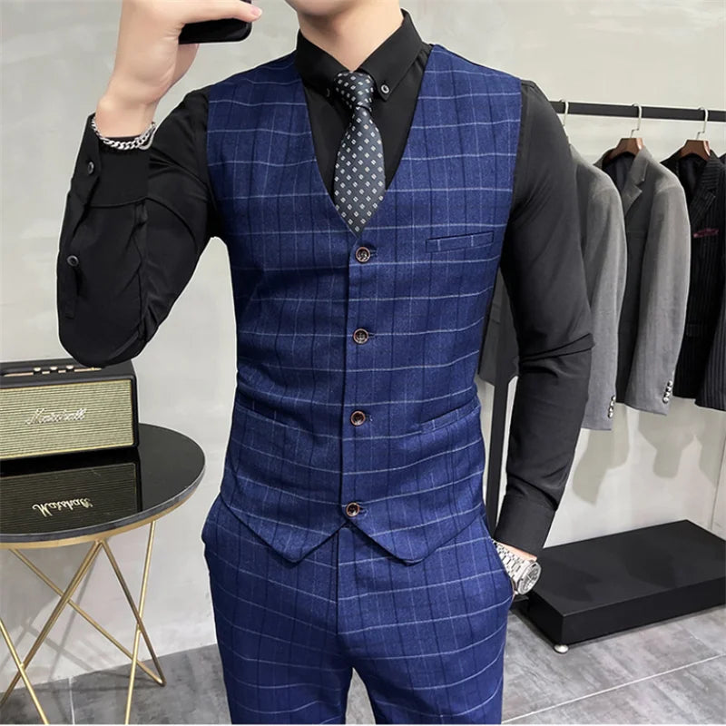 (Jaquetas + calças + colete) luxo masculino noivo casamento smoking moda xadrez ternos de negócios de alta qualidade casual terno de negócios três peças