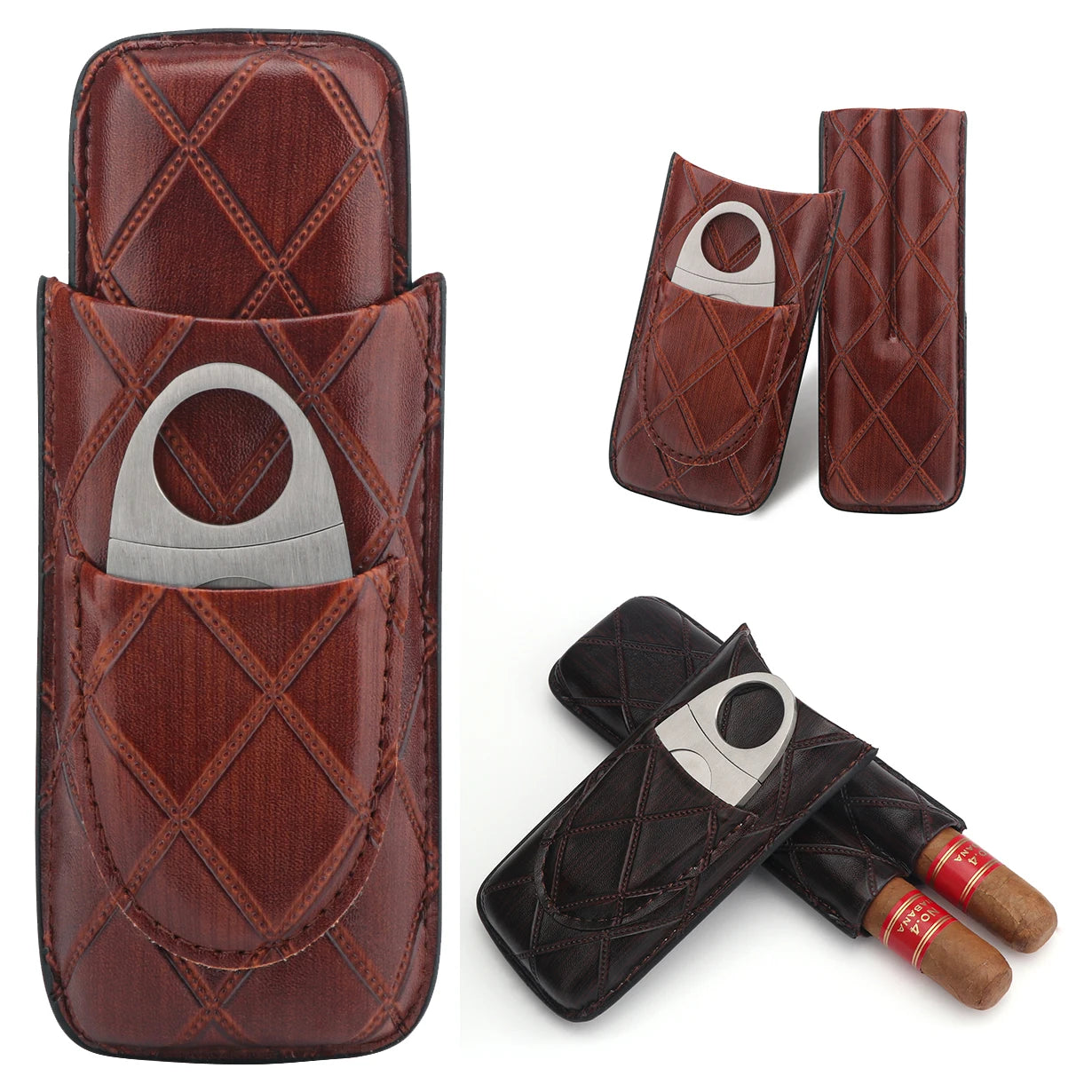Xifei conjunto de estojo de charuto de couro com 2 espaços, caixa umidificador portátil com cortador de aço inoxidável, acessórios de armazenamento de cigarro para viagem e fumar