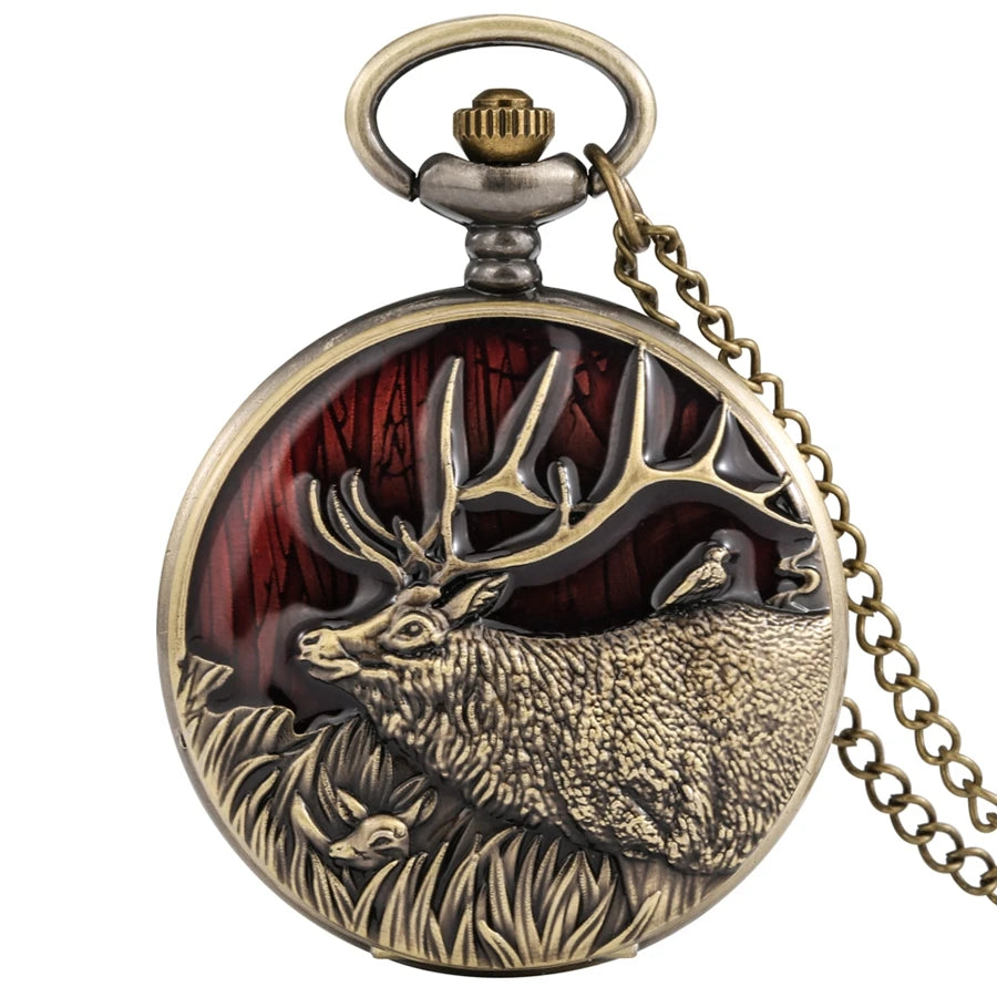 3d bronze criativo longo chifres elk design quartzo relógio de bolso colar veados animal pingente corrente relógio analógico fob steampunk