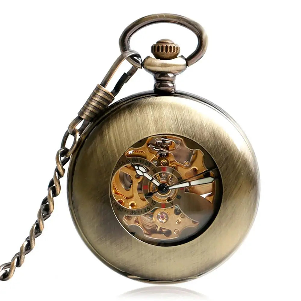 Auto vento relógio de bolso cobre moda bronze pingente suave retro esqueleto unisex automático mecânico elegante presente ação de graças
