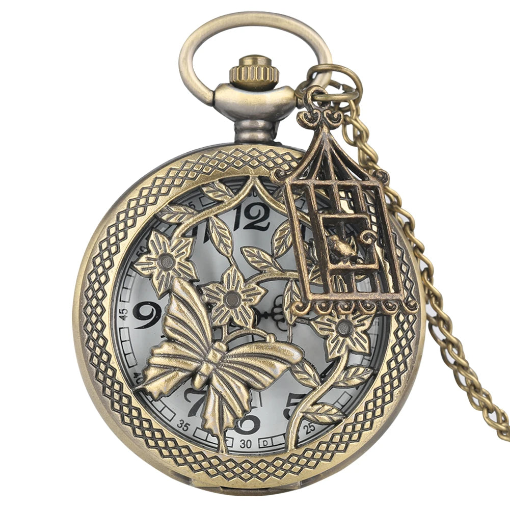 Dois pequenos pássaros estilo retro relógio de bolso de quartzo corrente steampunk colar pingente fob relógio animal com gaiola acessório