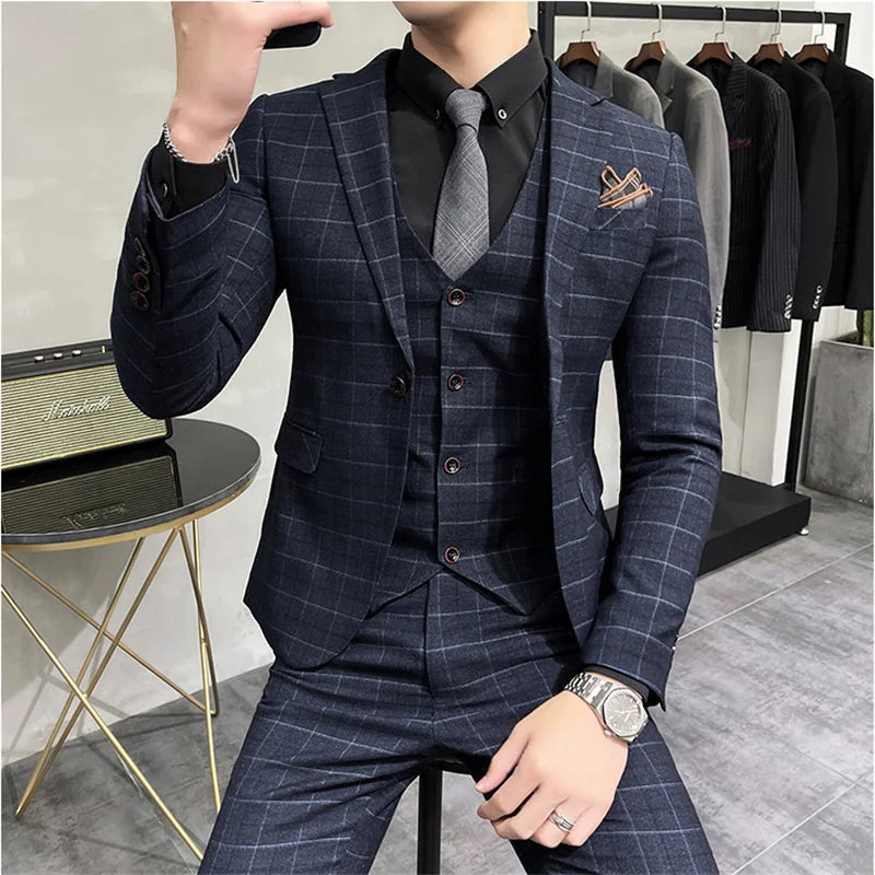 (Jaquetas + calças + colete) luxo masculino noivo casamento smoking moda xadrez ternos de negócios de alta qualidade casual terno de negócios três peças