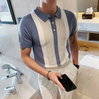 Estilo britânico verão moda cor combinando manga curta camisa polo dos homens de alta qualidade malha magro ajuste lapela botão t camisa superior