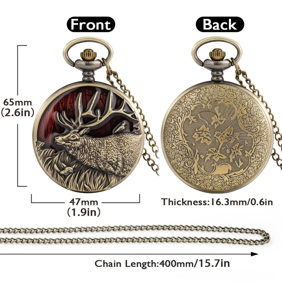 3d bronze criativo longo chifres elk design quartzo relógio de bolso colar veados animal pingente corrente relógio analógico fob steampunk