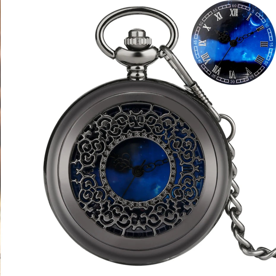 Exquise estrelado azul dial pingente bronze oco caso relógio de bolso de quartzo numerais romanos retro relógios lembrança presente para homens