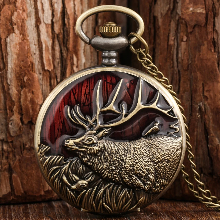 3d bronze criativo longo chifres elk design quartzo relógio de bolso colar veados animal pingente corrente relógio analógico fob steampunk