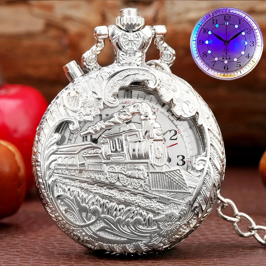 Nova luz led luminosa numerais árabes exibir trem de bronze locomotiva motor relógio de bolso de quartzo retro punk relógio de corrente de bolso