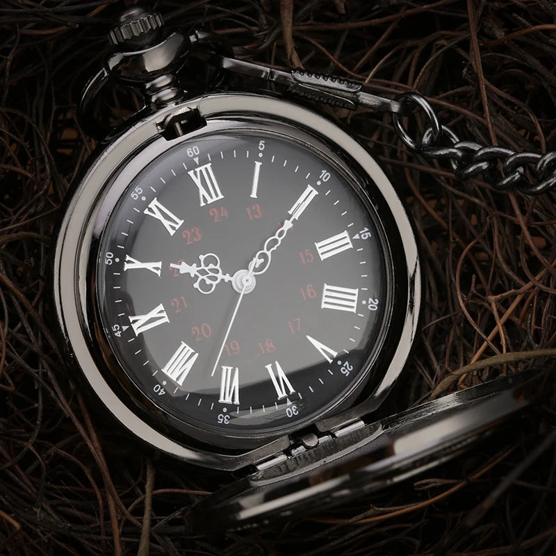 Preto numerais romanos relógio de bolso de quartzo masculino feminino preto oco caso steampunk vintage pingente colar melhores presentes para homens