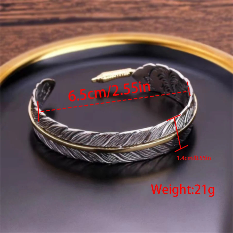 Pulseira de penas com padrão de grama Tang, masculina moderna, prata antiga, personalizada, versátil, pulseira aberta retrô
