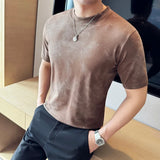 Camiseta espumante com gola em O masculina, alta qualidade, ajuste fino, elástica, manga curta, coreano casual, tops sociais, camiseta de verão