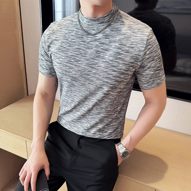 Camiseta camuflada masculina verão meia gola alta ajuste fino manga curta moda versátil camisetas casuais topos roupas masculinas