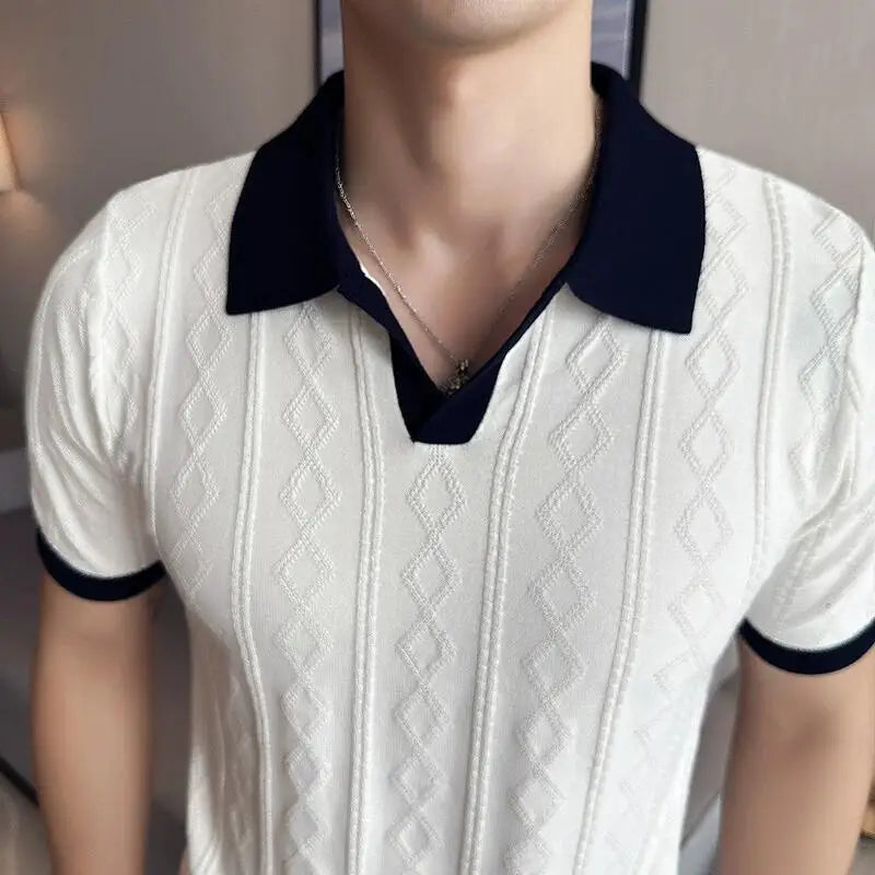 Verão listra jacquard manga curta camisa polo de malha masculina com decote em v contraste cor magro ajuste casual negócios camiseta topos 3xl
