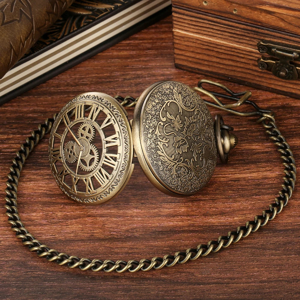 Homens e Mulheres Relógio Esqueleto Oco, Roda Steampunk, Roma Números Capa Pingente Relógio de Bolso, Relógio de Hora, Novidades