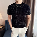 Camiseta bronzeadora de veludo dourado primavera verão novo o-pescoço moda masculina fino ajuste casual respirável t camisa pulôver roupas masculinas