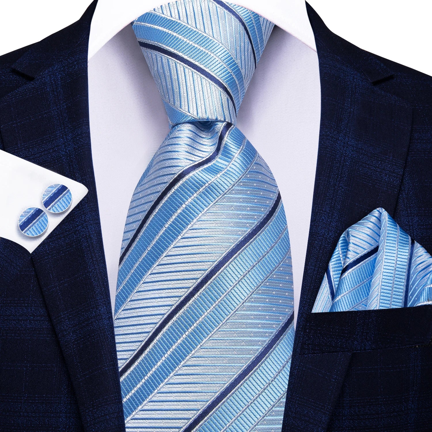 Hi-tie masculino elegante gravata lenço abotoaduras 3 pçs conjunto xadrez azul claro para smoking moda clássico seda luxo gravata para homem