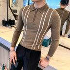 2024 outono inverno nova camisola listrada para homens moda zíper flip colarinho de malha camisa polo masculina manga longa magro casual puxar