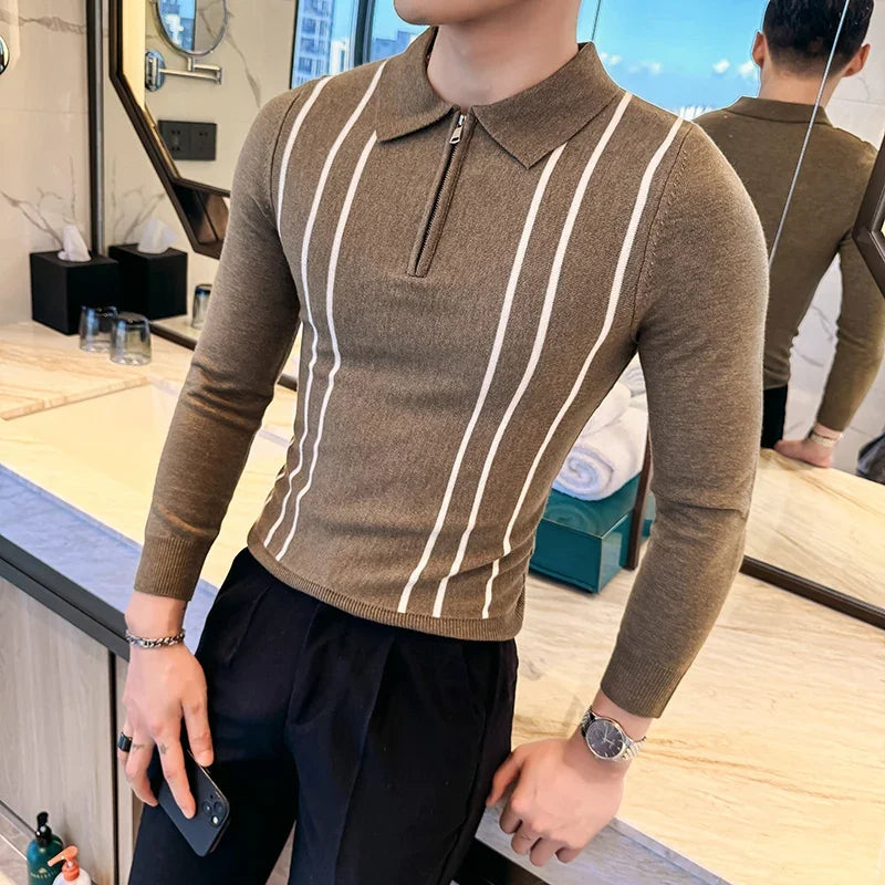 2024 outono inverno nova camisola listrada para homens moda zíper flip colarinho de malha camisa polo masculina manga longa magro casual puxar