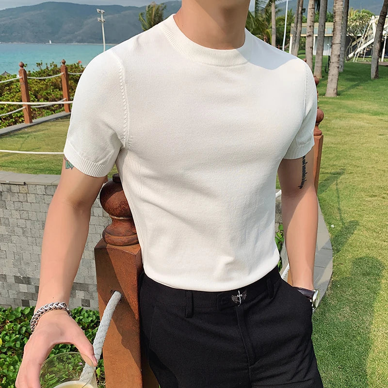 Estilo britânico verão gelo seda manga curta malha t camisas masculinas simples cor pura o-pescoço casual magro camiseta topo homme M-3XL