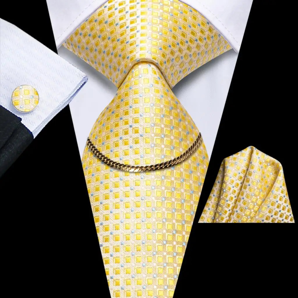 Hi-Tie-Gravatas de seda xadrez de luxo masculinas, conjunto de abotoaduras, design preto, presente de casamento, corrente de gravata moda
