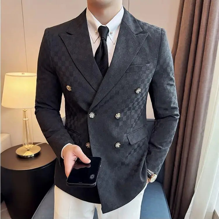 6 cores de luxo duplo breasted blazers casacos 2024 nova moda xadrez negócios fino ajuste social formal terno jaqueta 5xl-m