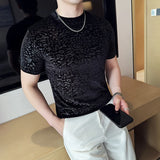 Camiseta jacquard de veludo dourado primavera verão nova meia gola alta ajuste fino casual manga curta respirável camiseta roupas masculinas