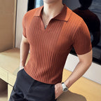 Camisas polo de malha com decote em v listrado masculino, manga curta, respirável fina, casual, moda social, novo, verão, 4XL, 2024