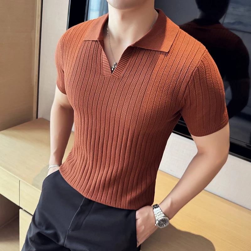 Camisas polo de malha com decote em v listrado masculino, manga curta, respirável fina, casual, moda social, novo, verão, 4XL, 2024