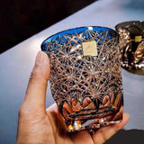 Edo cortar copo de margarida azul feito à mão, copo de salte de vidro de borosilicato alto, copo de uísque de alta beleza