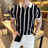 Verão vintage listrado fino ajuste polos camisas meio zíper design casual manga curta camiseta de seda gelo roupas masculinas de alta qualidade