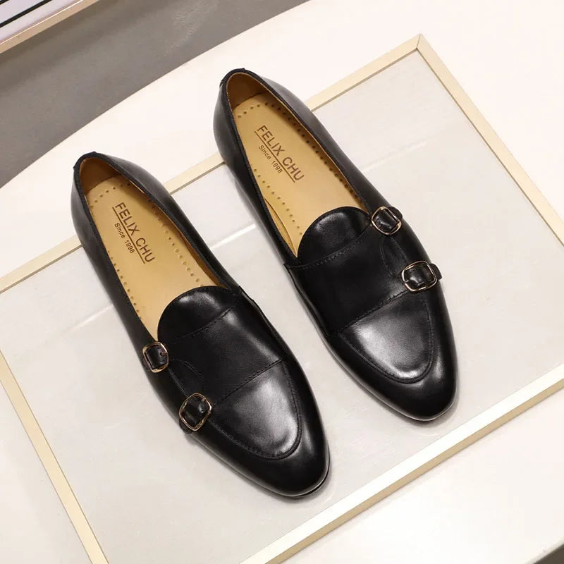 Felix chu mocassins masculinos de couro genuíno feitos à mão com alça de monge sapatos casuais para festa de casamento calçados de verão e outono