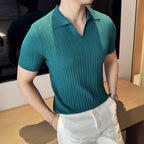 Camisas polo de malha com decote em v listrado masculino, manga curta, respirável fina, casual, moda social, novo, verão, 4XL, 2024