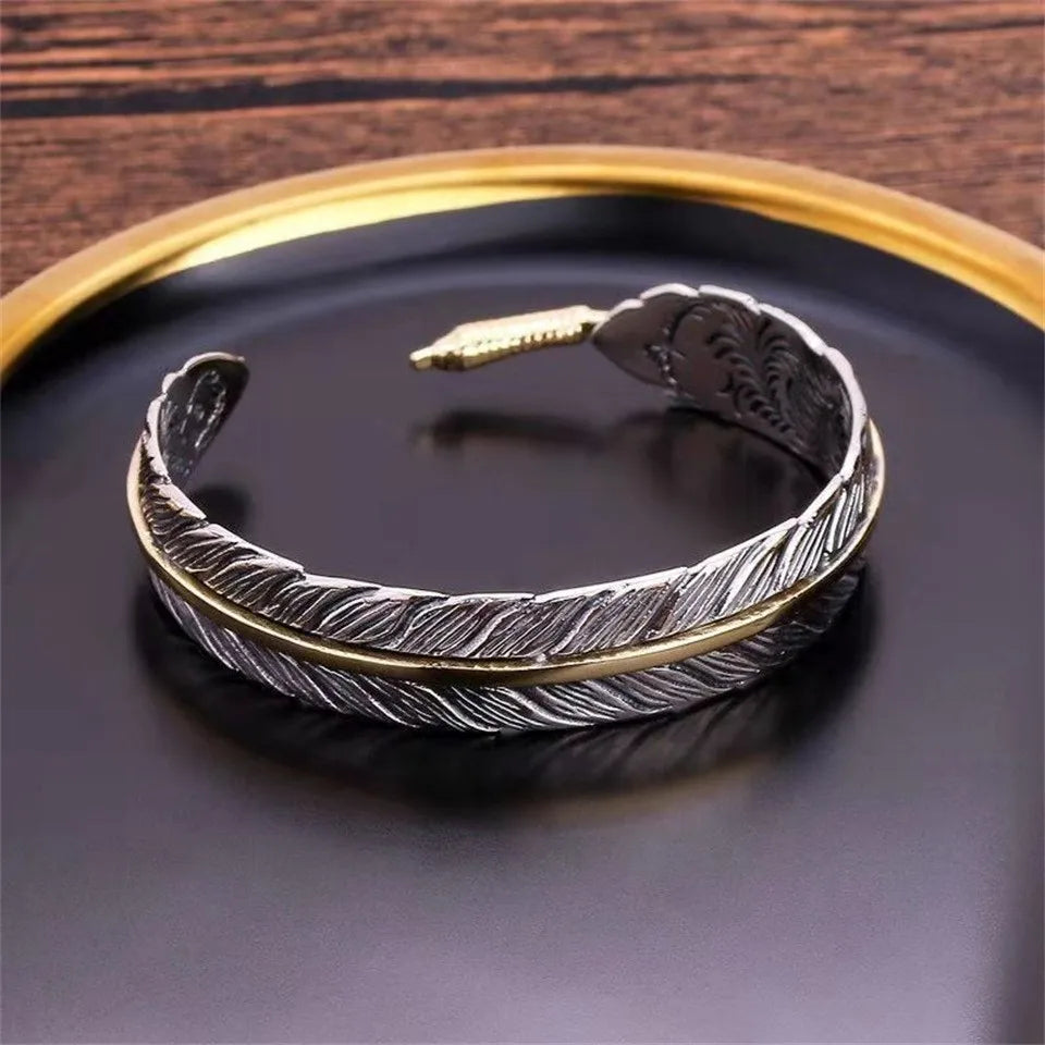Pulseira de penas com padrão de grama Tang, masculina moderna, prata antiga, personalizada, versátil, pulseira aberta retrô
