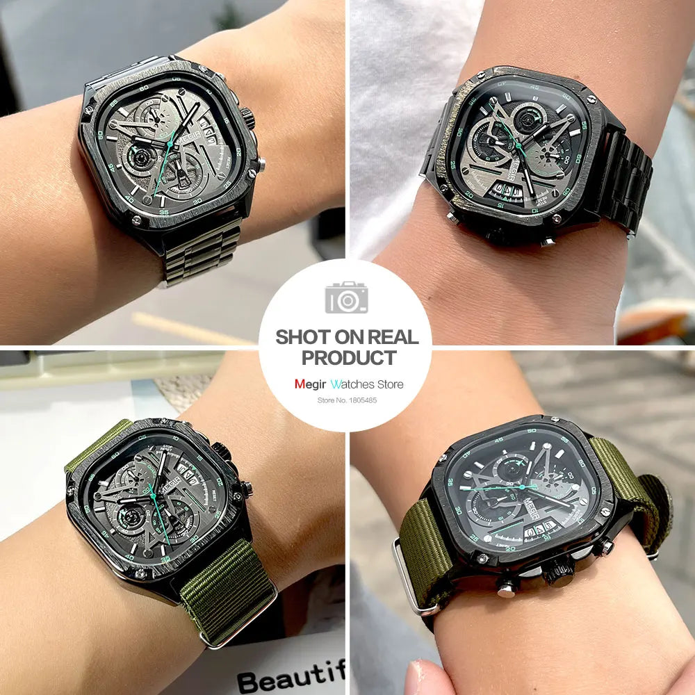 Megir relógio de quartzo preto masculino, à prova d'água, mostrador quadrado, relógio de pulso com cronógrafo, pulseira de aço inoxidável, mãos luminosas, data automática