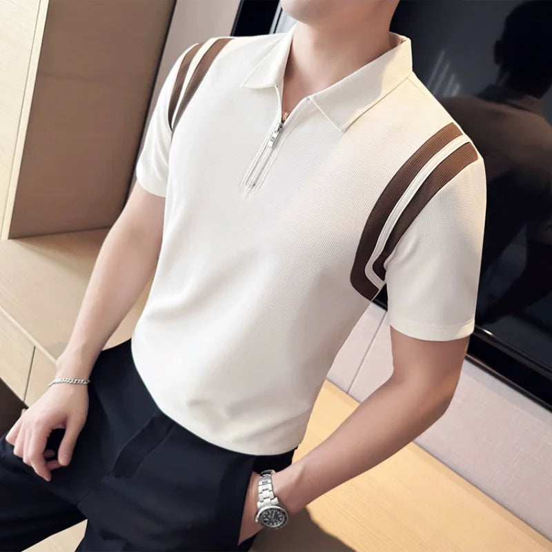 Verão Alta Elastic Stripe Manga Curta Polo Camisas 2023 Homens de Negócios Casual Zipper T-shirt Tops Streetwear Plus Size 4XL-M