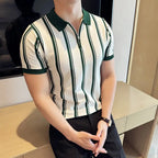 Verão vintage listrado fino ajuste polos camisas meio zíper design casual manga curta camiseta de seda gelo roupas masculinas de alta qualidade