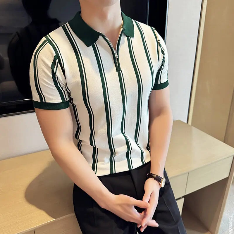 Verão vintage listrado fino ajuste polos camisas meio zíper design casual manga curta camiseta de seda gelo roupas masculinas de alta qualidade