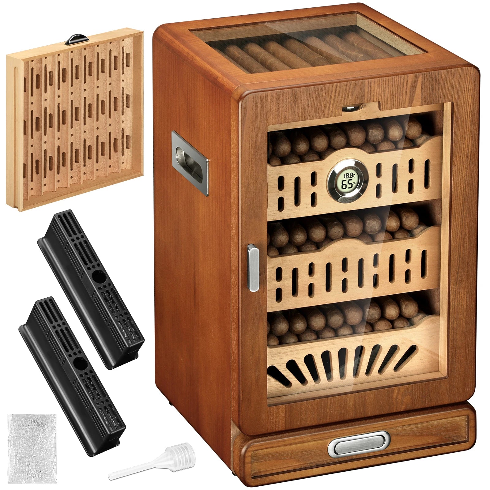 Armário umidificador de charutos, umidificador de mesa, com 4 prateleiras de madeira de cedro espanhol, 2 umidificadores, termômetro higrômetro digital e gaveta