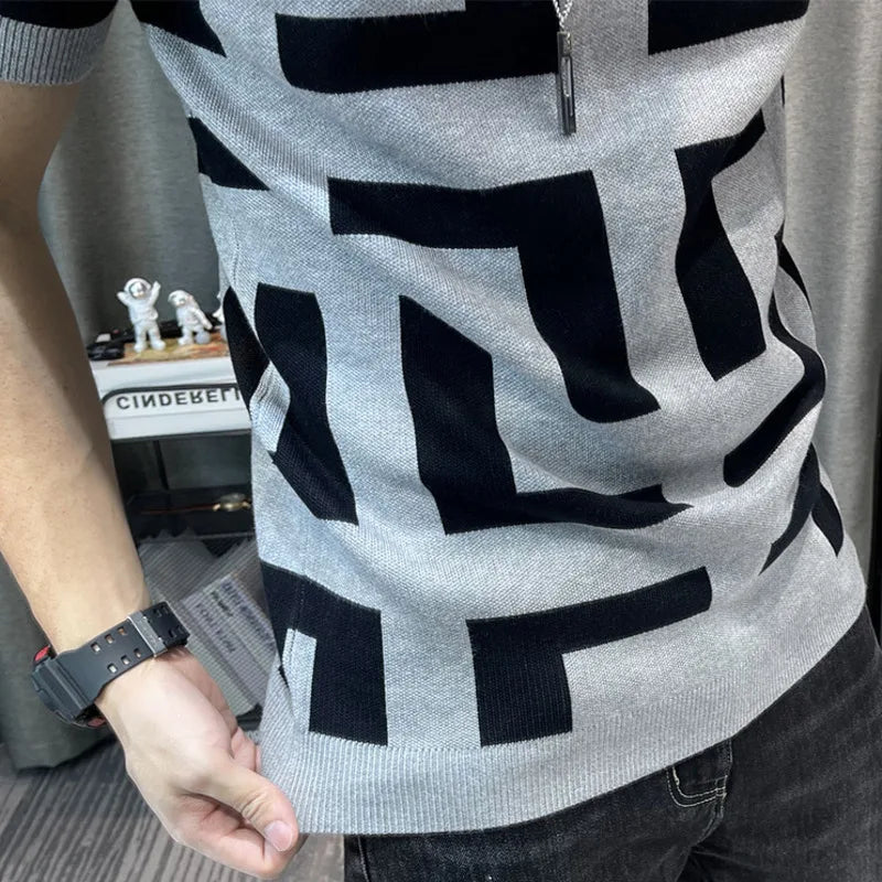 Camiseta coreana de malha com decote em O masculina, blusa de manga curta, camiseta justa, streetwear casual masculino, clube social, luxo, outono, 2022