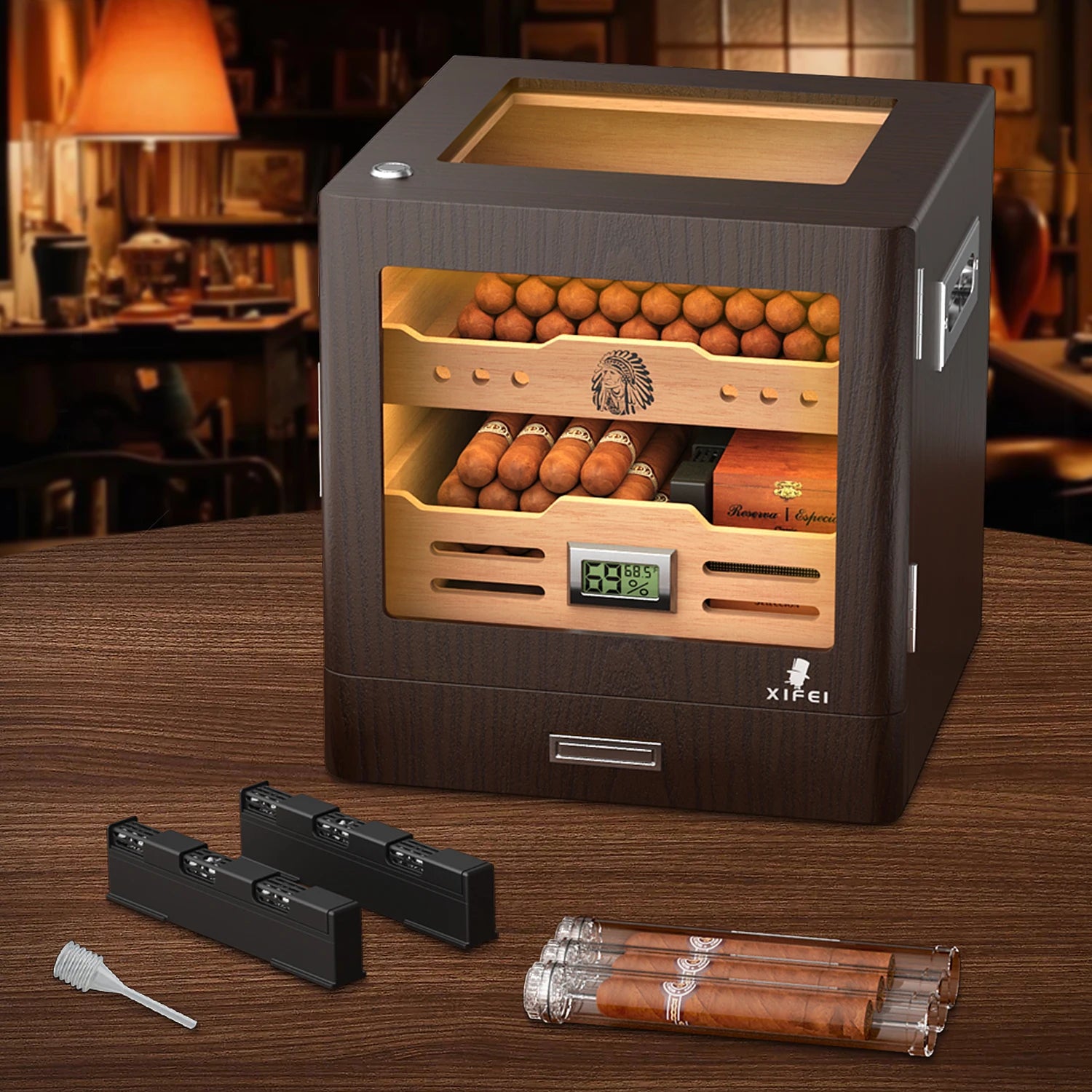 Armário umidificador de charutos, iluminação LED, higrômetro digital, 2 umidificadores, tubo de charuto, mesa, madeira de cedro, com gaveta de até 100 charutos